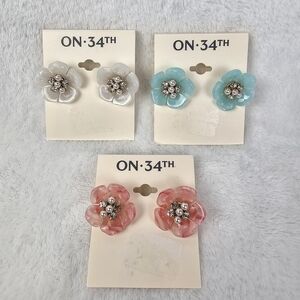 ON 34TH Floral Earrings Bundle Set of 3 Pink Blue White Pearl Studs